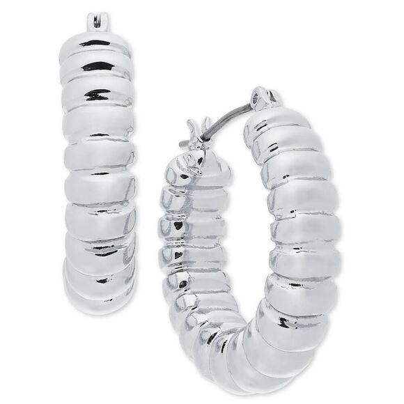 On 34th Small Croissant-Textured Hoop Earrings Silver-Tone 1.06" NEW - Picture 2 of 5